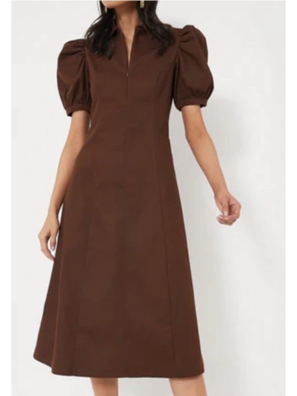 Tuckernuck Hyacinth House M Brown Puff Sleeve Front Zip Stretch Denim Midi Dress
